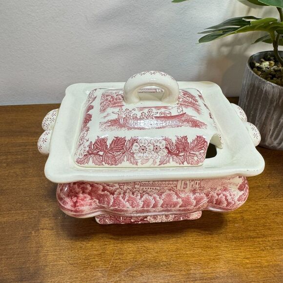 Vintage Gravy Boat Tureen Pink and White Transfer Ware Mushrooms Antique - Picture 2 of 13